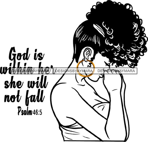 Afro Black Woman Portrait Transparent Religious Quotes Gold Hoop Earrings Curly Up Do Hairstyle SVG JPG PNG Cutting Files For Silhouette Cricut More