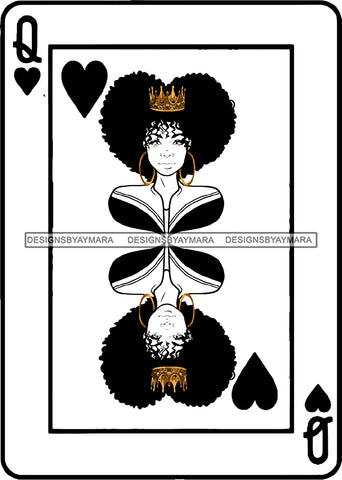 Queen Heart Card Playing Cards Black Woman Wearing Black Dress Shirt Golden Gold Earrings Crown Curly Hairs Hair Hot Classy Mature Girl Magic Melanin Nubian African American Lady SVG JPG PNG Vector Clipart Cricut Silhouette Cut Cutting