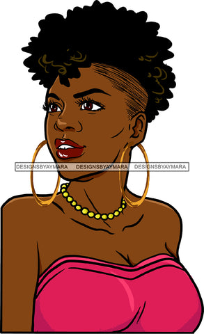 Black Woman Lipstick Makeup Golden Gold Earrings Necklace Wearing Pink Deep Neck Dress Shirt Stylish Curly Hairs Hair Style Hot Classy Mature Girl Magic Melanin Nubian African American Lady SVG JPG PNG Vector Clipart Cricut Silhouette Cut Cutting