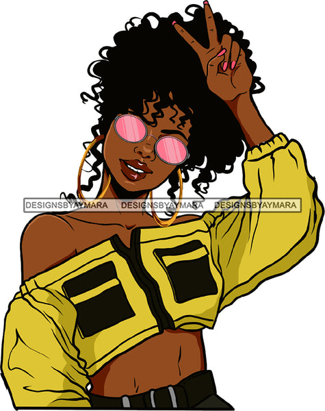 Black Woman Lipstick Gold Earrings Pink Sunglasses Nail Polish Paint Wearing Off Shoulder Shirt Stylish Curly Hairs Hair Style Hot Classy Mature Girl Magic Melanin Nubian African American Lady SVG JPG PNG Vector Clipart Cricut Silhouette Cut Cutting