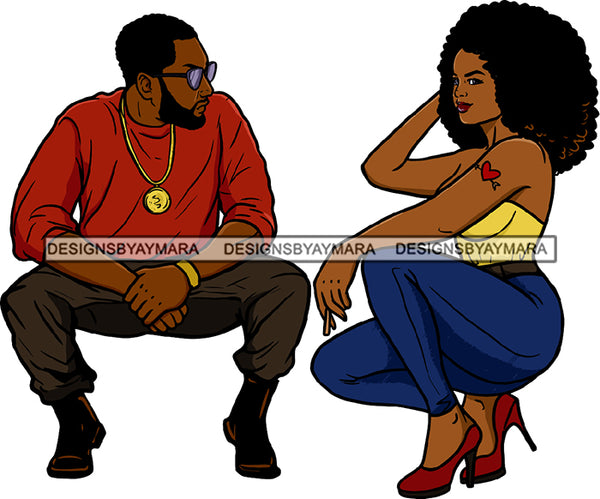 Afro Couple Man Woman Squatting Melanin Heels Afro Hairstyle SVG JPG PNG Vector Clipart Cricut Silhouette Cut Cutting