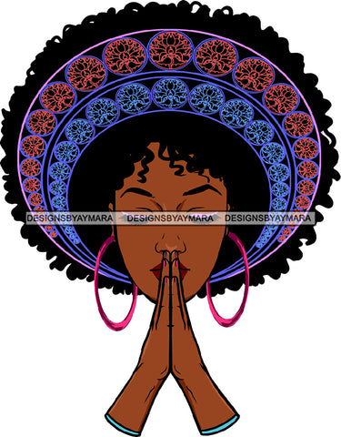 Afro Black Woman Praying Hoop Earrings Mandala Afro Hairstyle SVG JPG PNG Cutting Files For Silhouette Cricut More
