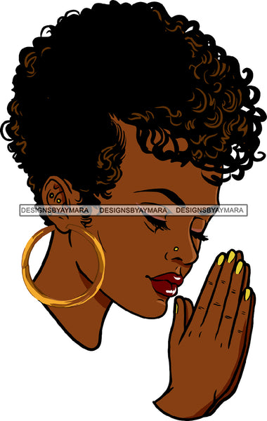 Afro Black Woman Praying Melanin Nubian Side View Hoop Earrings Curly Hairstyle SVG JPG PNG Cutting Files For Silhouette Cricut More