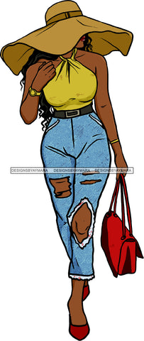 Black Woman Walking Holding Hand Bag Lipstick Makeup Wavy Long Hairs Hair Wearing Hot Yellow Shirt Ripped Jeans Cowgirl Hat Watch Classy Mature Girl Magic Melanin Nubian African American Lady SVG JPG PNG Vector Clipart Cricut Silhouette Cut Cutting