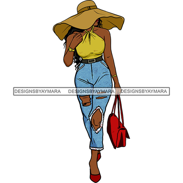 Melanin Woman Modeling Ripped Jeans Classy Fashion Hat Pamela SVG JPG PNG Cutting Files For Silhouette Cricut More
