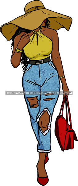 Afro Black Woman Modeling Ripped Jeans Hat Purse SVG JPG PNG Cutting Files For Silhouette Cricut More