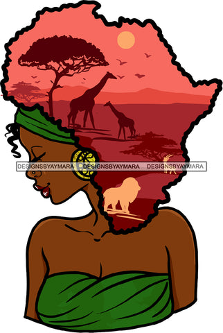 Black Woman Lipstick Makeup Curly Hairs Hair Head Band Green Hot Dress Giraffe Lion Tree Sunset Forest Jungle Map Classy Mature Girl Magic Melanin Nubian African American Lady SVG JPG PNG Vector Clipart Cricut Silhouette Cut Cutting