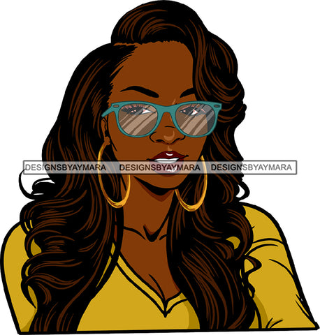 Black Hot Woman Lipstick Makeup Golden Gold Earrings Sunglasses Glasses Wearing Yellow Deep Neck Dress Shirt Wavy Hairs Hair Style Sexy Classy Mature Girl Magic Melanin Nubian African American Lady SVG JPG PNG Vector Clipart Cricut Silhouette Cut Cutting