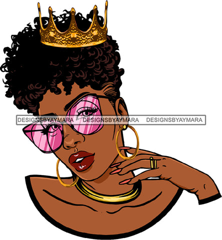 Afro Black Woman Queen Gold Crown Hoop Earrings Necklace Sunglasses Curly Hairstyle SVG JPG PNG Cutting Files For Silhouette Cricut More