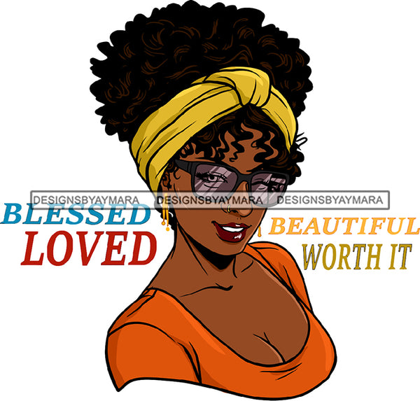 Blessed Love Black Hot Woman Golden Gold Earrings Lipstick Sunglasses Glasses Makeup Curly Hairs Hair Head Band Deep Neck Dress Cleavage Classy Mature Girl Magic Melanin Nubian African American Lady SVG JPG PNG Vector Clipart Cricut Silhouette Cut Cutting