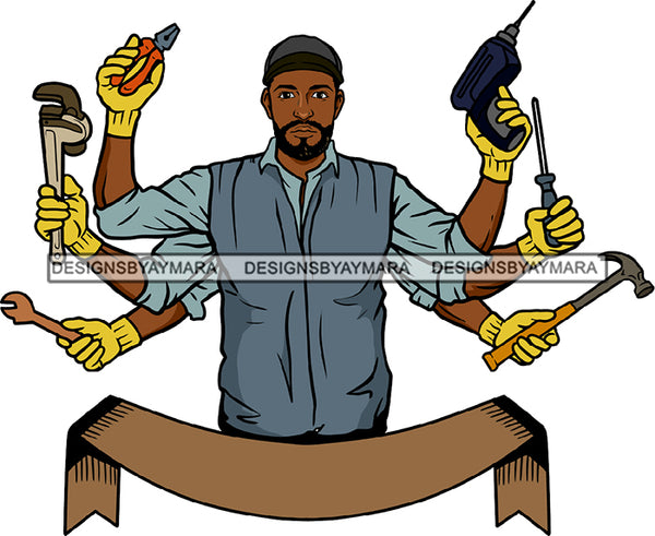 Mechanic Electrician Holding Screwdriver Drill Hammer Beard Mustache earing Pant Shirt Cap Gloves Magic Melanin Nubian African American Boy SVG JPG PNG Vector Clipart Cricut Silhouette Cut Cutting