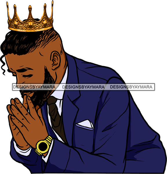 Afro King Handsome Black Man Beard Crown Praying SVG JPG PNG Vector Clipart Cricut Silhouette Cut Cutting