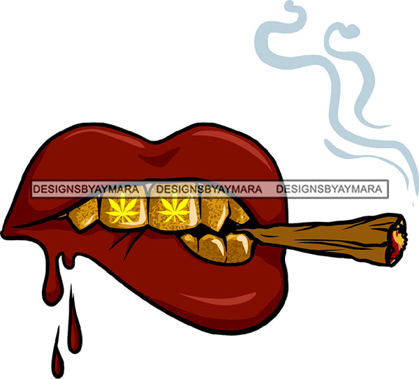 Woman Red Lips Dripping Lipstick Smoking Joint Gold Teeth Grillz Lip Gloss Sexy Make Up Glamour Paint Blood SVG PNG JPG Cutting Layered Files Silhouette Cricut