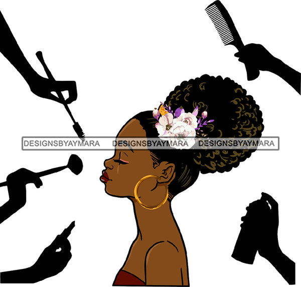 Black Woman Golden Gold Earrings Lipstick Makeup Curly Hairs Rose Flower Parlor Comb  Classy Mature Girl Magic Melanin Nubian African American Lady SVG JPG PNG Vector Clipart Cricut Silhouette Cut Cutting