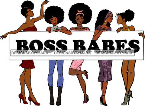 Boss Babes Black Woman Group Lipstick Makeup Curly Hairs Wavy Hair Wearing Dress Pant Shirt Long Heel Shoes Classy Mature Girl Magic Melanin Nubian African American Lady SVG JPG PNG Vector Clipart Cricut Silhouette Cut Cutting