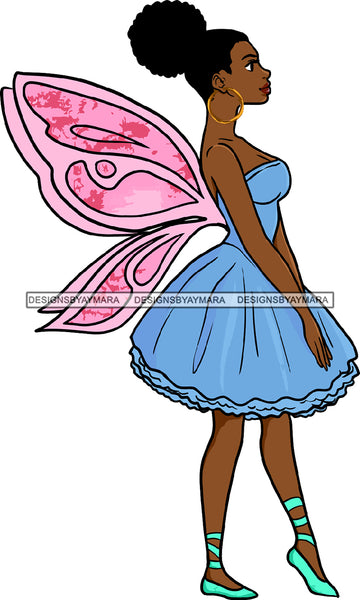 Afro Black Woman Wings Fairy Angel Fantasy Ballet Shoes Ballerina Puffy Bun Hairstyle SVG JPG PNG Cutting Files For Silhouette Cricut More