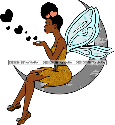 Afro Black Woman Wings Fairy Angel Fantasy Blowing Hearts Half Moon Puffy Up Do Hairstyle SVG JPG PNG Cutting Files For Silhouette Cricut More