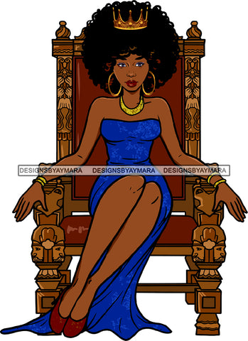 Black Queen Hot Woman Sitting Chair Lipstick Golden Gold Crown Earrings Necklace Makeup Curly Hairs Hair Sleeveless Dress Girl Magic Melanin Nubian African American Lady SVG JPG PNG Vector Clipart Cricut Silhouette Cut Cutting