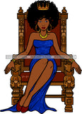 Afro Black Woman Queen Sitting Down Throne Nubian Melanin Crown Sexy Blue Dress Afro Hairstyle SVG JPG PNG Cutting Files For Silhouette Cricut More