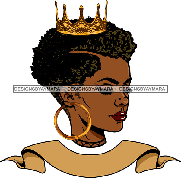 Afro Black Woman Queen Gold Crown Hoop Earrings Short Curly Hairstyle SVG JPG PNG Cutting Files For Silhouette Cricut More