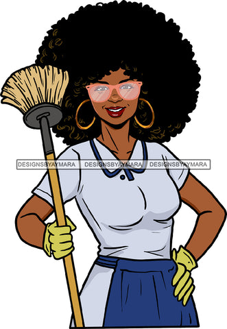 Sweeper Black Woman Golden Gold Earrings Lipstick Makeup Curly Hairs Wearing Uniform Gloves Sunglasses Classy Mature Girl Magic Melanin Nubian African American Lady SVG JPG PNG Vector Clipart Cricut Silhouette Cut Cutting