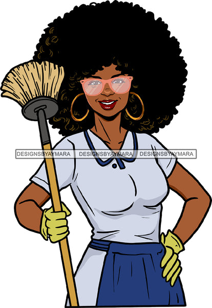 Afro Woman Cleaning Service Apron Gloves Broom Supplies Hoop Earrings Puffy Afro Hairstyle SVG JPG PNG Vector Clipart Cricut Silhouette Cut Cutting