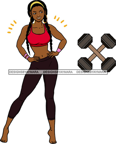 Black Woman Golden Gold Earrings Lipstick Makeup Pony Tail Hairs Gym Dumbbells Yoga Pants Bra Wearing Uniform Gloves Sunglasses Classy Mature Girl Magic Melanin Nubian African American Lady SVG JPG PNG Vector Clipart Cricut Silhouette Cut Cutting