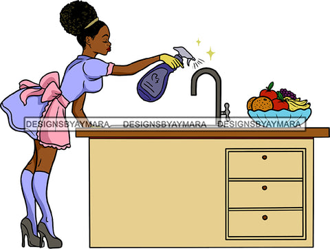 Afro Sexy Woman Cleaning Service Kitchen Apron Gloves Heels Puffy Bun Hairstyle SVG JPG PNG Vector Clipart Cricut Silhouette Cut Cutting