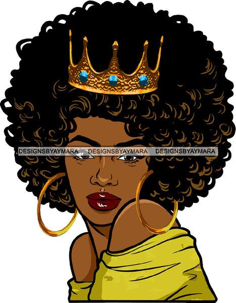 Queen Black Woman Golden Gold Earrings Crown Lipstick Makeup Curly Hairs Off Shoulder Shirt Dress Classy Mature Girl Magic Melanin Nubian African American Lady SVG JPG PNG Vector Clipart Cricut Silhouette Cut Cutting