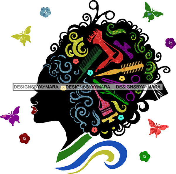 Afro Black Woman Silhouette Side View Hair Salon Tools Butterflies SVG JPG PNG Cutting Files For Silhouette Cricut More