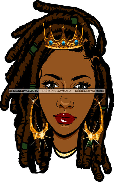Queen Woman Face Gold Earrings Crown Lipstick Makeup Dreadlocks Locs Dreads Hairs Hair Classy Mature Girl Magic Melanin Nubian African American Lady SVG JPG PNG Vector Clipart Cricut Silhouette Cut Cutting