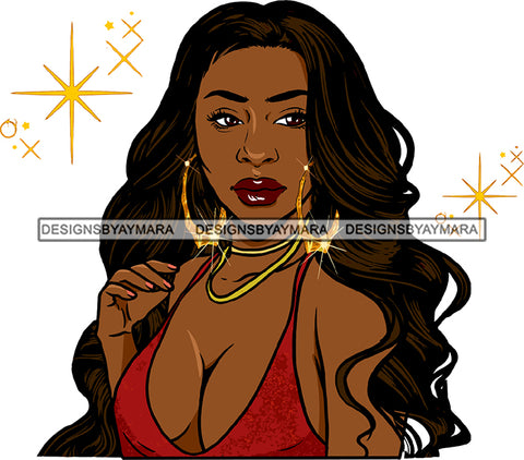 Hot Woman Wearing Deep Neck Dress Shirt Sexy Cleavage Golden Gold Earrings Necklace Lipstick Makeup Wavy Long Hairs Hair Classy Mature Girl Magic Melanin Nubian African American Lady SVG JPG PNG Vector Clipart Cricut Silhouette Cut Cutting