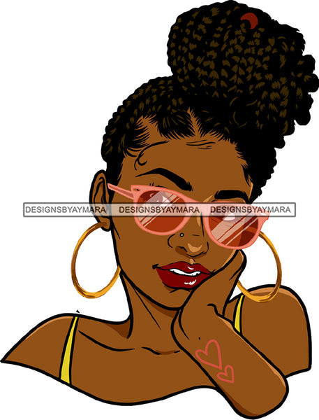 Afro Black Sexy Woman Melanin Sunglasses Hoop Earrings Dreadlocks Bun Hairstyle SVG JPG PNG Cutting Files For Silhouette Cricut More