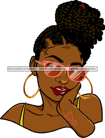 Afro Black Sexy Woman Melanin Sunglasses Hoop Earrings Dreadlocks Bun Hairstyle SVG JPG PNG Cutting Files For Silhouette Cricut More