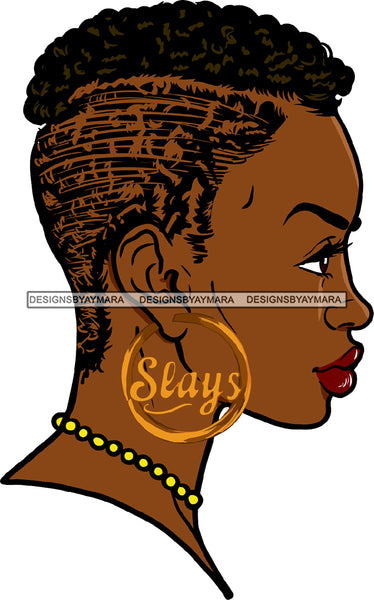 Afro Black Sexy Woman Portrait Side View Slay Melanin Hoop Earrings Cornrows Short Hairstyle SVG JPG PNG Cutting Files For Silhouette Cricut More