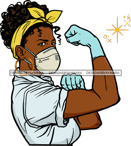 Afro Woman Flexing Strong Cleaning Service Face Mask Gloves Hoop Earrings Headband Curly Up Do Hairstyle SVG JPG PNG Vector Clipart Cricut Silhouette Cut Cutting
