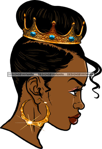 Afro Black Woman Queen Portrait Gold Crown Side View Hoop Earrings Up Do Hairstyle SVG JPG PNG Cutting Files For Silhouette Cricut More