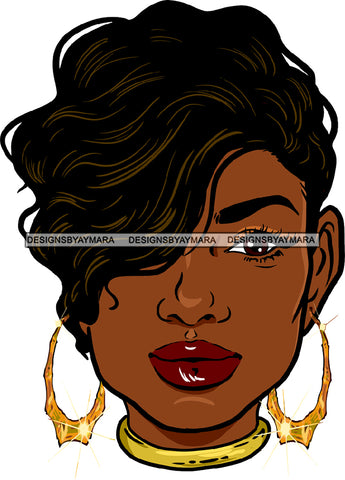 Hot Woman Face Golden Gold Earrings Necklace Lipstick Makeup Wavy Hairs Hair Boy Cut Style Classy Mature Girl Magic Melanin Nubian African American Lady SVG JPG PNG Vector Clipart Cricut Silhouette Cut Cutting