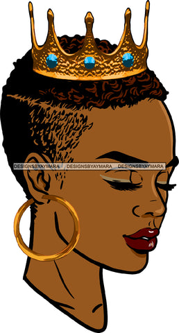 Afro Black Woman Queen Portrait Gold Crown Side View Hoop Earrings Short Hairstyle SVG JPG PNG Cutting Files For Silhouette Cricut More