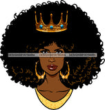 Hot Black Woman Face Golden Gold Earrings Diamond Crown Lipstick Makeup Curly Hairs Hair Classy Mature Girl Magic Melanin Nubian African American Lady SVG JPG PNG Vector Clipart Cricut Silhouette Cut Cutting