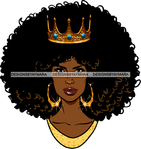 Afro Black Woman Queen Gold Crown Hoop Earrings Puffy Afro Hairstyle SVG JPG PNG Cutting Files For Silhouette Cricut More