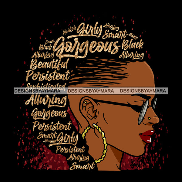 Black Gorgeous Hot Beautiful Woman Face Side View Earrings Lipstick Nose Pin Sunglasses Glasses Makeup Curly Hairs Hair Classy Mature Girl Magic Melanin Nubian African American Lady SVG JPG PNG Vector Clipart Cricut Silhouette Cut Cutting