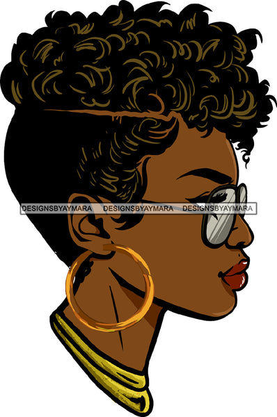 Black Woman Face Side View Golden Gold Earrings Sunglasses Lipstick Makeup Curly Hairs Hair Boy Cut Classy Mature Girl Magic Melanin Nubian African American Lady SVG JPG PNG Vector Clipart Cricut Silhouette Cut Cutting