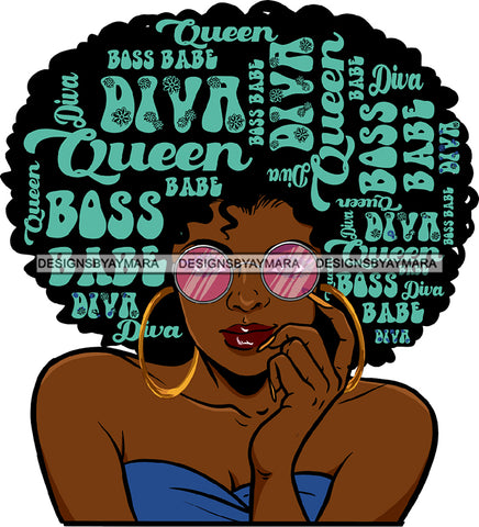 Boss Queen Babe Black Woman Hot Sexy Blue Dress Golden Gold Earrings Sunglasses Lipstick Makeup Curly Hairs Hair Classy Mature Girl Magic Melanin Nubian African American Lady SVG JPG PNG Vector Clipart Cricut Silhouette Cut Cutting