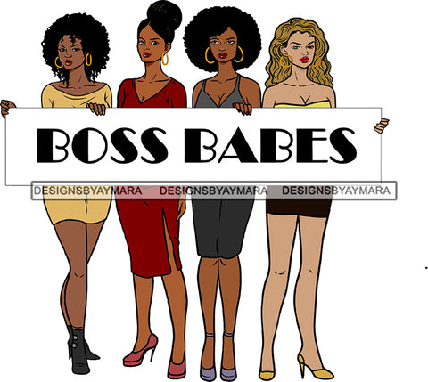 Boss Babes Woman Group Lipstick Makeup Curly Hairs Wavy Hair Wearing Dress Pant Shirt Long Heel Shoes Classy Mature Girl Magic Melanin Nubian African American Lady SVG JPG PNG Vector Clipart Cricut Silhouette Cut Cutting