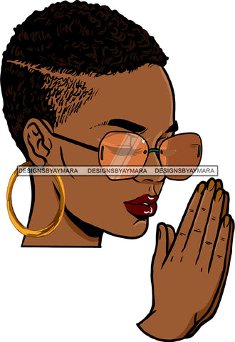 Afro Black Woman Praying Melanin Bamboo Hoop Earrings Sunglasses Short Side Shaved Hairstyle SVG JPG PNG Cutting Files For Silhouette Cricut More