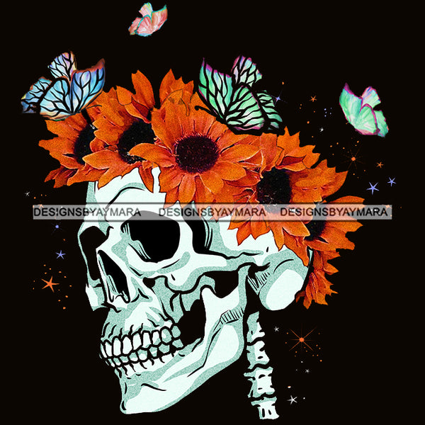 Skull Art Neckbone With Butterflies And Orange Flowers JPG PNG  Clipart Cricut Silhouette Cut Cutting