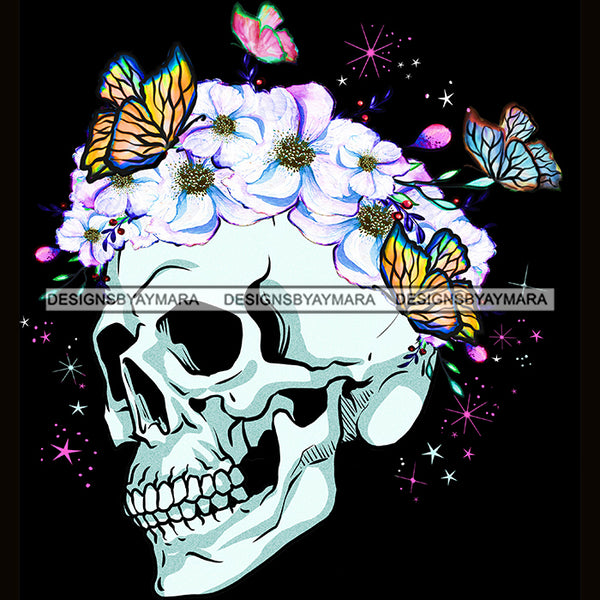 Skull Art  With Butterflies And White Flowers JPG PNG  Clipart Cricut Silhouette Cut Cutting