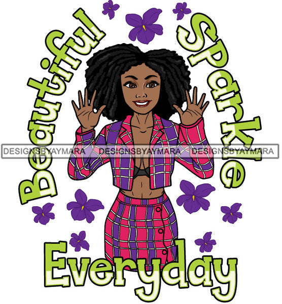 Beautiful Sparkle Everyday Black Woman Wearing Bra Coat Skirt Lipstick Purple Flower Makeup Dreadlocks Locs Dreads Hairs Hair Classy Mature Girl American Lady SVG JPG PNG Vector Clipart Cricut Silhouette Cut Cutting