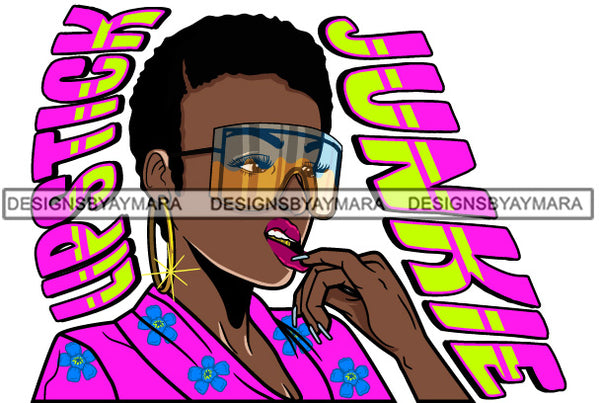 Lipstick Junkie Black Woman Wearing Purple Dress Googles Glasses Golden Gold Earrings Makeup Curly Hairs Hair Boy Cut Style Classy Mature Girl Magic Melanin Nubian African American Lady SVG JPG PNG Vector Clipart Cricut Silhouette Cut Cutting